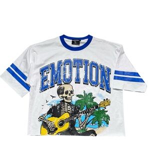 Mixed Emotion "Guitar" Cropped Cotton Tee in white and blue